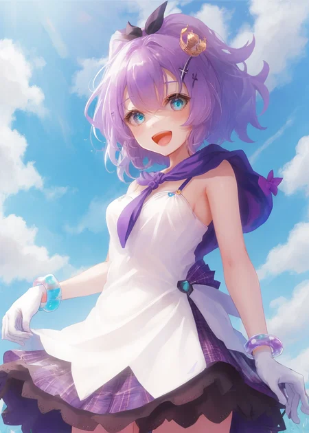 <lora:javelin_v1.0:0.8>,1girl, solo,bracelet,white gloves, camisole, ribbon, purple_hair, mini_crown,white_camisole, hair_ornament, looking_at_viewer, black_ribbon, hair_ribbon,blue hood, :d, outdoors, from below, skirt lift, masterpiece, best quality,