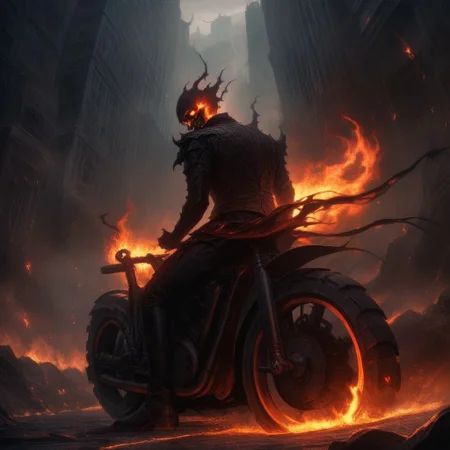 Dark Fantasy Art, Dark Moody Atmosphere, dramatic, mysterious, dark moody atmosphere, dark, moody, dark fantasy style, realistic anime,
BREAK,
Ghost Rider rockets up the skyscraper, his flaming motorcycle scorching a fiery path over glass and steel,
BREAK,
His skull, engulfed in hellfire, casts a sinister, flickering glow, with empty eye sockets seething with vengeful fire,
BREAK,
Flames curl around his skeletal form, his leather jacket and pants seared and frayed, smoldering as he rides,
BREAK,
Each wheel turn burns the glass, leaving molten streaks that trail behind him, and the building quakes under his ascent,
BREAK,
His engine’s roar echoes against the steel, blending with the hiss of flames in a symphony of raw, otherworldly power,
BREAK,
sitting on his bike, cracked roadway, cracked road, skull, from side, low angle shot,