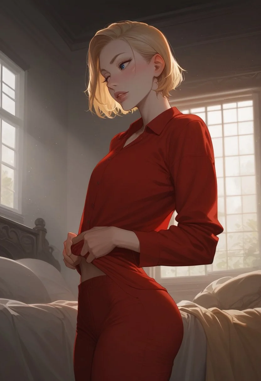 score_9, score_8_up, score_8. score_9, score_8_up, score_7_up, (masterpiece), 4k, ExpressiveH, SimpleNegativeV3, OverallDetail, anime,
BREAK
dynamic lighting, cinematic lightning, ((detailed background, red lavish room, windows)), alone, solo,
BREAK,
(1boy), standing, pale skin, (shoulder length hair), straight blonde hair, blue eyes, thin lips, slender, athletic, flat chest, (red silk pajamas shirt), big ass, thick thighs, (red pajamas pants)