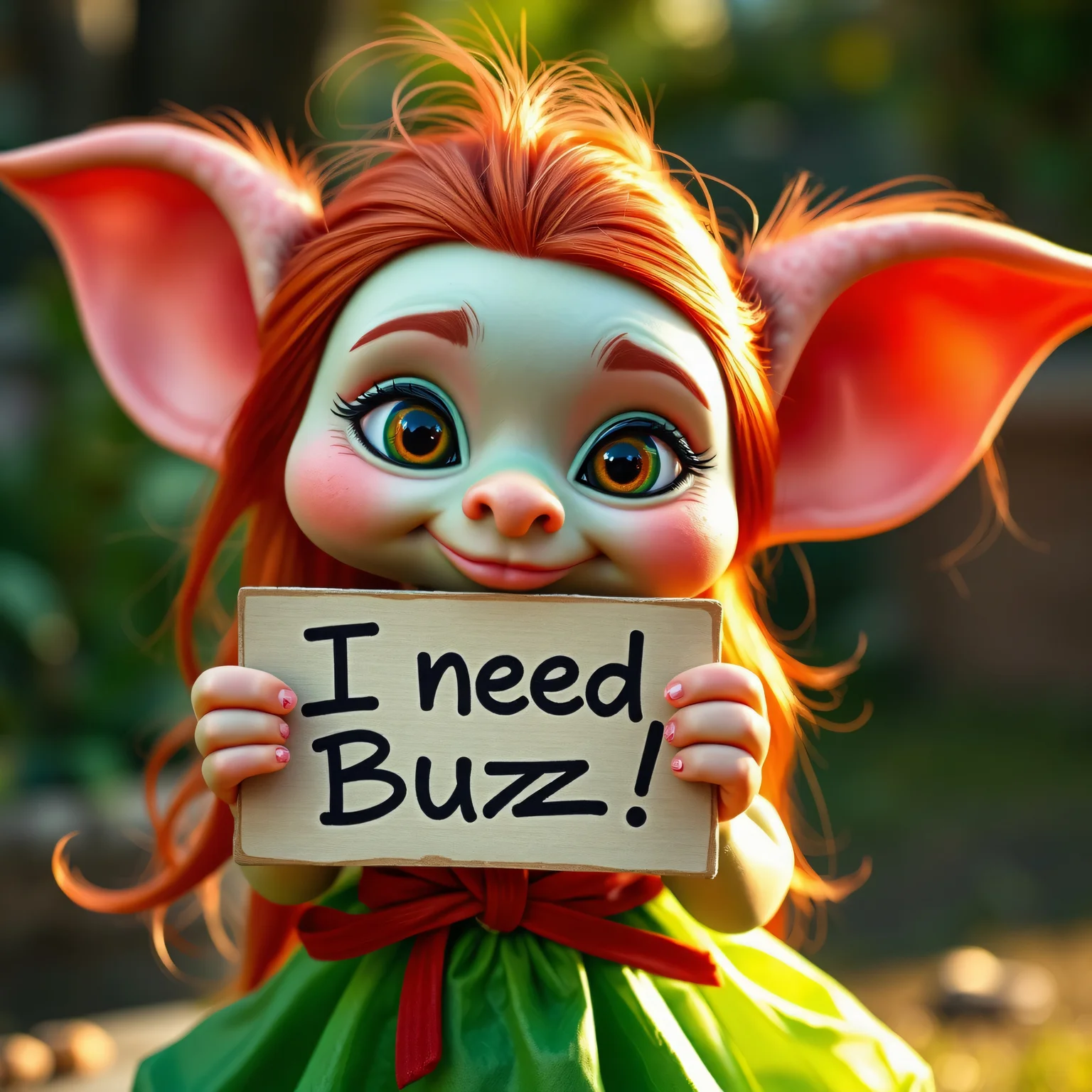 masterpiece, intricate photo, cute beautiful female gremlin holding a sign where the sentence is printed on "I need Buzz!", long red hair, green dress, pink skin, highly detailed, sharp focus, cozy outdoor lighting, 8K