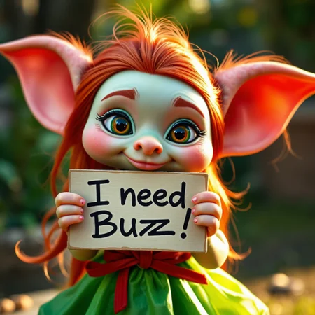 masterpiece, intricate photo, cute beautiful female gremlin holding a sign where the sentence is printed on "I need Buzz!", long red hair, green dress, pink skin, highly detailed, sharp focus, cozy outdoor lighting, 8K
