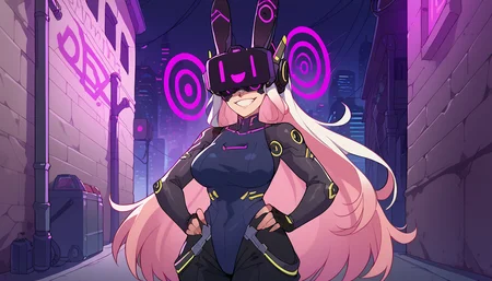 zPDXL,anime artwork score_9,score_8_up,score_7_up,2d,<lora:Huffslove_Style_PonyXL:1>,by huffslove,huffslove,<lora:anime-detailer-xl:1.5>,<lora:Expressive_H-000001:1>,Expressiveh,(source_anime),raytracing,rating_questionable,rating_safe,
solo,1girl, mature female, milf, curvy, tall female, toned, large breasts,
outdoors, science fiction, futuristic, cyberpunk, cityscape, scenery, alley,
highleg leotard, black pants, leather pants, gloves, elbow gloves, fingerless gloves, <lora:Z-Tech_hypnotic_visorZko_visor-000019:1>,zkovisor,hypnotic visor,helmet,rabbit ears,:),headphone,rabbit ears,:),mind control,hypnosis,
absurdres,white hair, long hair, gradient hair, pink hair, mechanical parts,
upper body,looking at viewer,cute,attractive,
eye contact,standing, grin, hand on own hip,
. anime style,vibrant,studio anime,highly detailed,