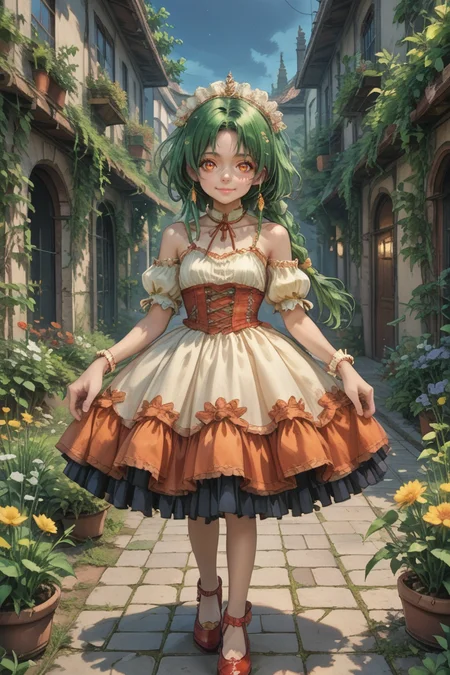 (score_9, score_8_up, score_7_up, score_6_up), source anime, BREAK, solo, <lora:Kylier:0.65> , kylierdef, 1girl, dark skin, green hair, low-tied long hair, long hair, orange eyes, bare shoulders,  <lora:wrenchlogown-PonyXL:0.8> , wrenchlogown, gown, layered clothing, puffy sleeves, red footwear, cowboy shot, night, exterior, garden, courtyard, closed mouth,  smile, <lora:zy_Detailed_Backgrounds_v1:0.5> , detailed background, highly detailed,   <lora:backgroundsetXL:0.4> , background,  <lora:m4gXLP:0.7> , m4g,