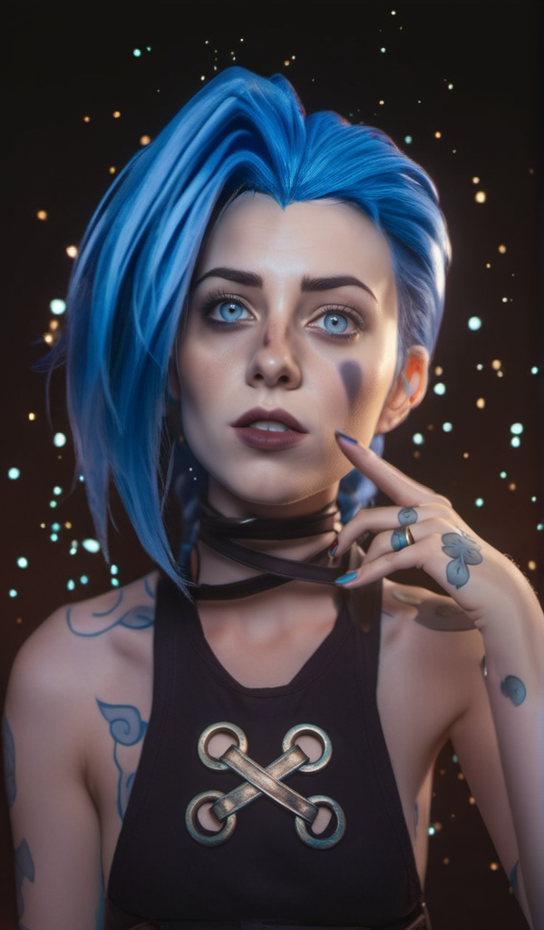 cinematic photo a woman with blue hair and piercings holding a finger up to her mouth and looking at the camera, running makeup, league of legends photography, a character portrait, auto-destructive,  <lora:Jinx1024-000260:0.8> . 35mm photograph, film, bokeh, professional, 4k, highly detailed