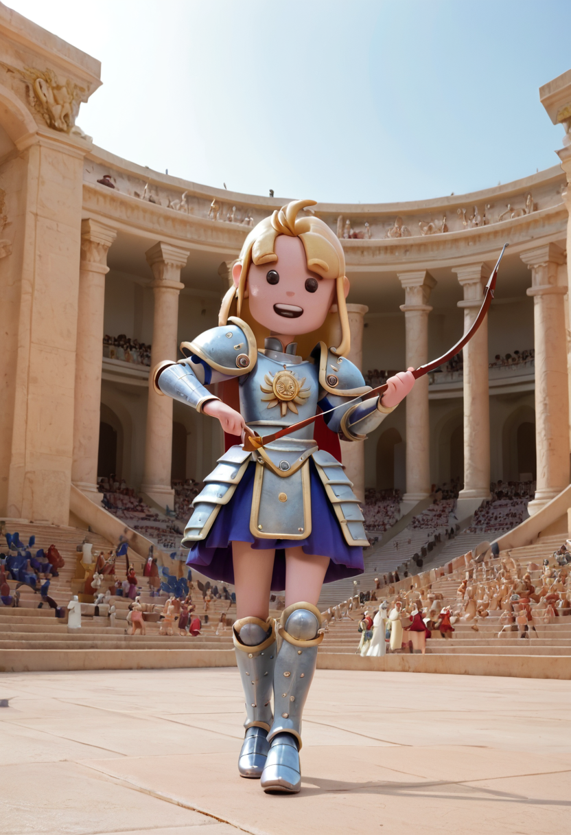 score_9, score_8_up, score_7_up, 1girl, solo,  beautiful, savannahXYZ as an archer princess, blonde hair, breastplate armor, armored skirt, high heel, holding a bow a arrow, quiver, happy, background (greek island, Themiscyra, pantheon, greek statues, coliseum),
<lora:savannahXYZ:1.0>,