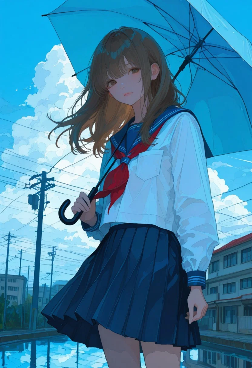 realistic,HassaKu_illu, artist:moriimee, 748cmstyle, jsyu_style, 2025. 06, 
(1girl, solo), umbrella, outdoors, skirt, school uniform, red neckerchief, sailor collar, ligne claire, serafuku, brown hair, holding, power lines, sky, neckerchief, utility pole, socks, holding umbrella, cloud, blue sailor collar, white socks, white shirt, long sleeves, blue skirt, shoes, shirt, pleated skirt, blue sky, standing, black footwear, day, reflection, loafers, medium hair, brown eyes, long hair, closed mouth, cloudy sky, cowboy shot, building, scenery, floating hair, looking at viewer