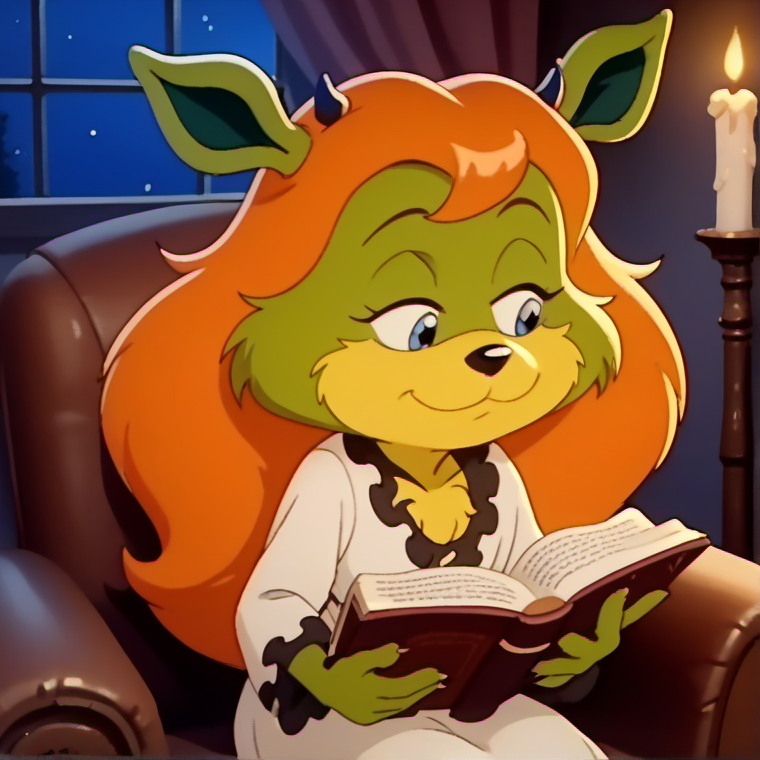 score_9, score_8_up, score_7_up, 1girl, solo, official screencap, amb1, cute smile, reading big book, closed eyes, furry, long hair, blue eyes, orange hair, animal ears, horns, two-tone fur, nightgown, sitting in armchair, cozy, candlelight, night, style parody, traditional media, retro artstyle, <lora:amb1>,