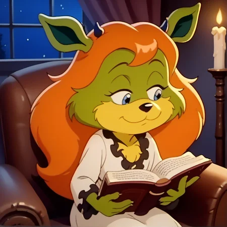 score_9, score_8_up, score_7_up, 1girl, solo, official screencap, amb1, cute smile, reading big book, closed eyes, furry, long hair, blue eyes, orange hair, animal ears, horns, two-tone fur, nightgown, sitting in armchair, cozy, candlelight, night, style parody, traditional media, retro artstyle, <lora:amb1>,
