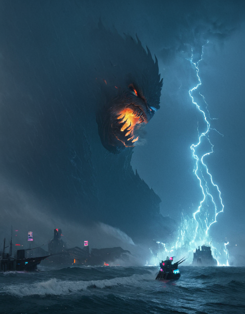 <lora:Space_Worlds_01__Poetic_xl:1.2> sw01p_xl, cyberpunk giant waves, lots of wind, fire storm, fire giant monster,