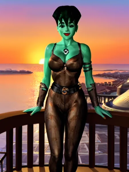 score_6, score_8_up BREAK, masterpiece, perfect face, perfect hands, high quality, (1girl, solo,) balcony, (standing, facing viewer,:1) looking at viewer, sunset, <lora:ReBoot_Retro_TV_show_Style_PonyXL:1> reboot, 1girl, green skin, short hair, large breasts, cleavage,