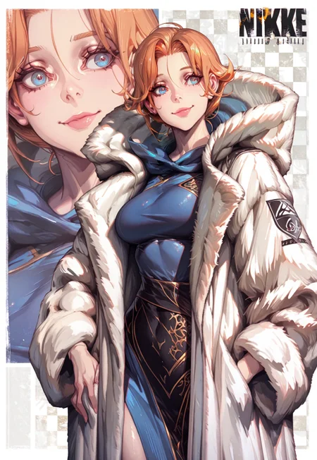 safe_pos, artist:Yanje, Guweiz,(Han \(jackpot\):0.6), Juubaori Mashumaro, au \(d elete\), 96yottea, ahemaru,poriuretan,houtushouhuifengge,platinum1945, usnr,748cmstyle.
1girl, 5YPH4B3LN4D3S,
short hair, orange hair, blue eyes. 
NikkeProfile, cowboy shot, checkered background, zoom layer, copyright name, character name, english text, logo,
fur coat,robe, blue robe, hooded robe, hood down, happy,
confident,
proper body proportions, high contrast, fashion,absolutely eye-catching, ambient occlusion, shiny, sophisticated, cute, taut, horny, classy, demure, intricate details, intricate clothing, intimate shot, sexy, 
heavily textured brushstrokes, big eyes,beautiful detailed eyes, detailed skin, solo, 
round breasts,posing, sexy pose, looking at viewer, stunning,
very close up,extremely detailed, textured skin, soft, expressiveh, Smooth Quality - Illustrious, official art, fine art, good composition, masterpiece, best quality, very aesthetic, absurdres, newest, 