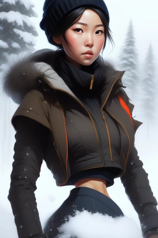 <lora:microwaist:1.3> masterpiece, best quality, anime asian girl, puffy winter jacket, ((crop top)), snowboarder, big ass, art by artgerm, art by greg rutkowski, rescue bag, toque