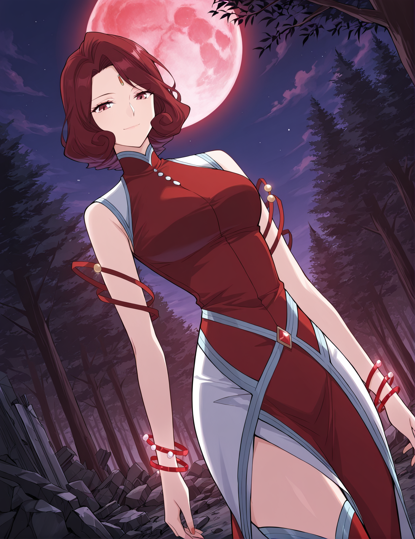 <lora:Xuan_Yi__Battle_Through_the_Heavens__Illustrious:1>
1 girl, solo, mature female, red hair, short hair, wavy hair, curled hair, ahoge, red eyes, red and white dress, high slit dress, sleeveless, gemstone accessory, leg slit, elegant dress, thigh boots, red boots, futuristic jewelry, glowing bracelets, asymmetrical skirt
score_9, score_8_up, score_7_up, very aesthetic, source_anime, detailed, high quality, beautiful, masterpiece, detailed eyes, forest, tree, ruins, cowboy shot, dynamic angle, upper body, light smile, dynamic pose, night, red moon