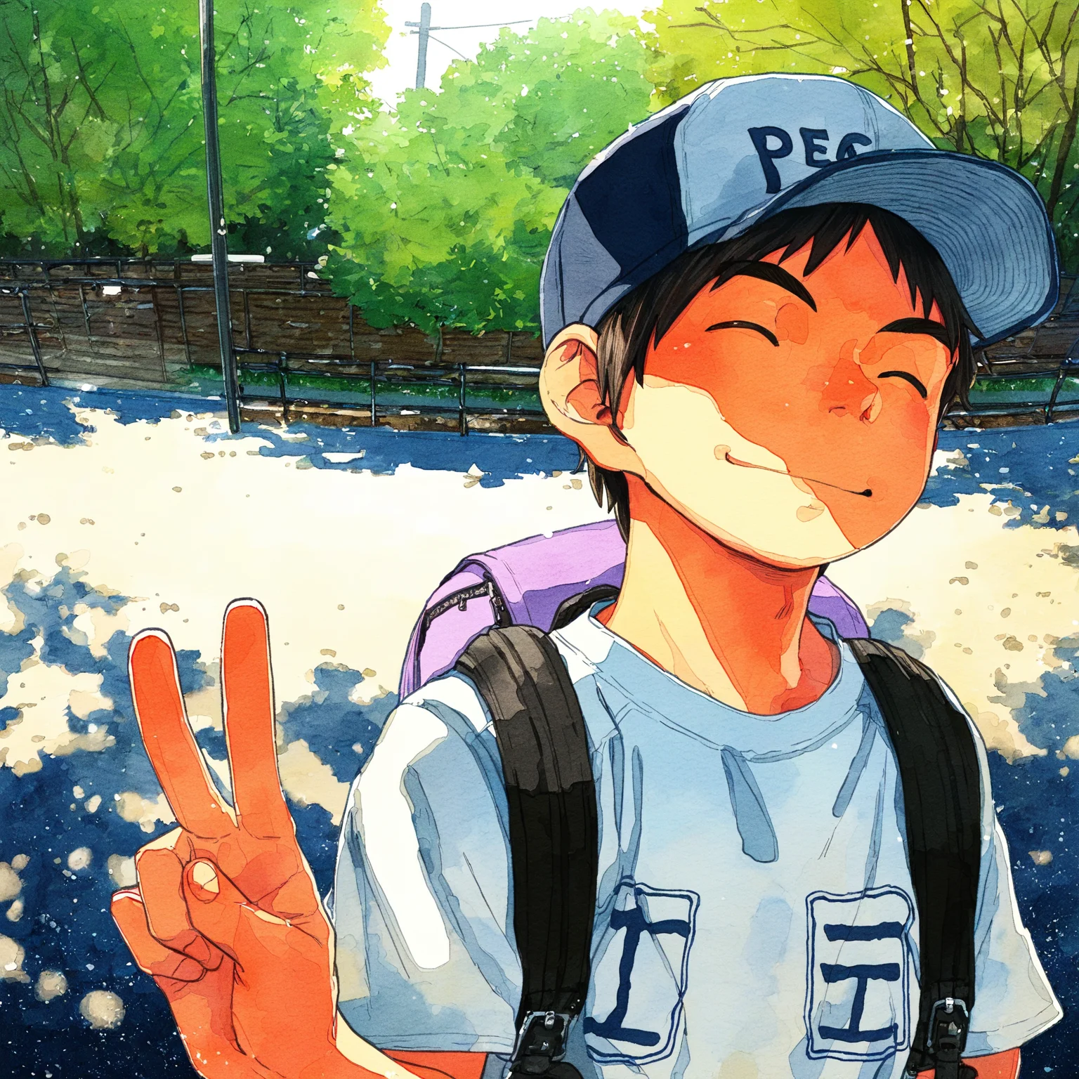 masterpiece, shounenzoom-style, 2010s, watercolor, textured paper, outdoors, sunlight, fisheye, upper body, 1boy, solo, closed eyes, smile, baseball cap, white shirt, backpack, peace sign <lora:shounen_zoom-naixl-v7Nc-ShoAI:1>