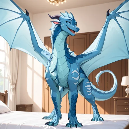 1girl, highres, absurdres, newest, masterpiece, best quality, furry, furry_female, Tsunami_wof, Seawing_wof, dragon, scales, horns, claws, wings, tail, aquatic scales, blue eyes, 1girl, chin tendrils, head frill, chest frill, webbed claws, webbed feet, (quadruped, feral:1.3), detailed eyes, standing, spread wings, open_mouth, open mouth smile, luxurious detailed room, bright room, day scene, professional lighting, white bed, solo, bedroom, smiling, seductive, looking_at_viewer, masterpiece, close up, safe