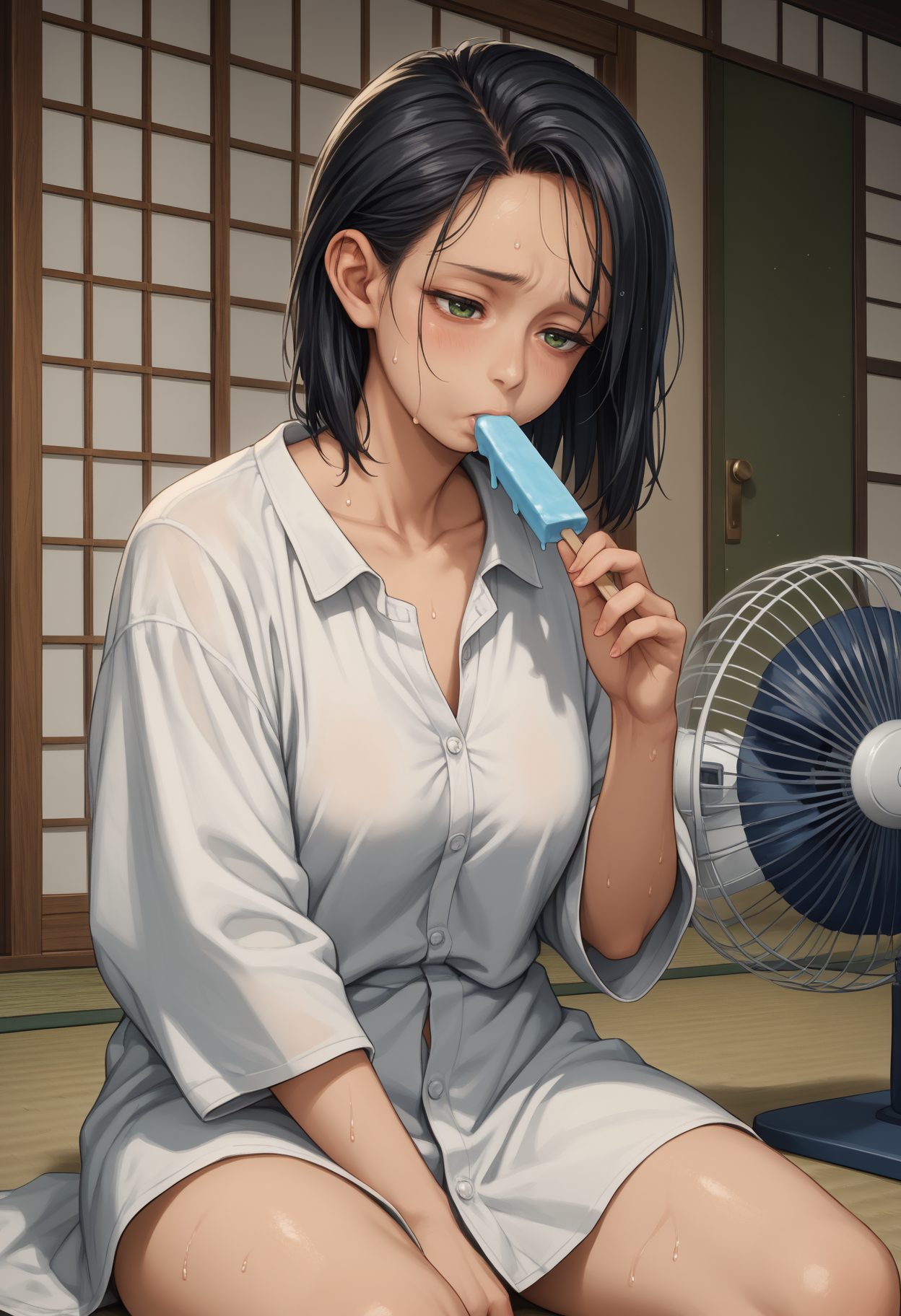 score_9, score_8_up,score_7_up, source_anime, 1girl, solo, <lora:trllsdr_pdxl_EliPot:1> swtrsu, medium hair, black hair, green eyes, mature female,
white shirt, shirt only, buttoned shirt, collarbone, oversized clothes, oversized shirt,
 sweating, sweat, tired, sitting, wariza, legs apart, kneeling, eating, popsicle,
 electric fan, wind, indoors, eastern architecture, tatami,