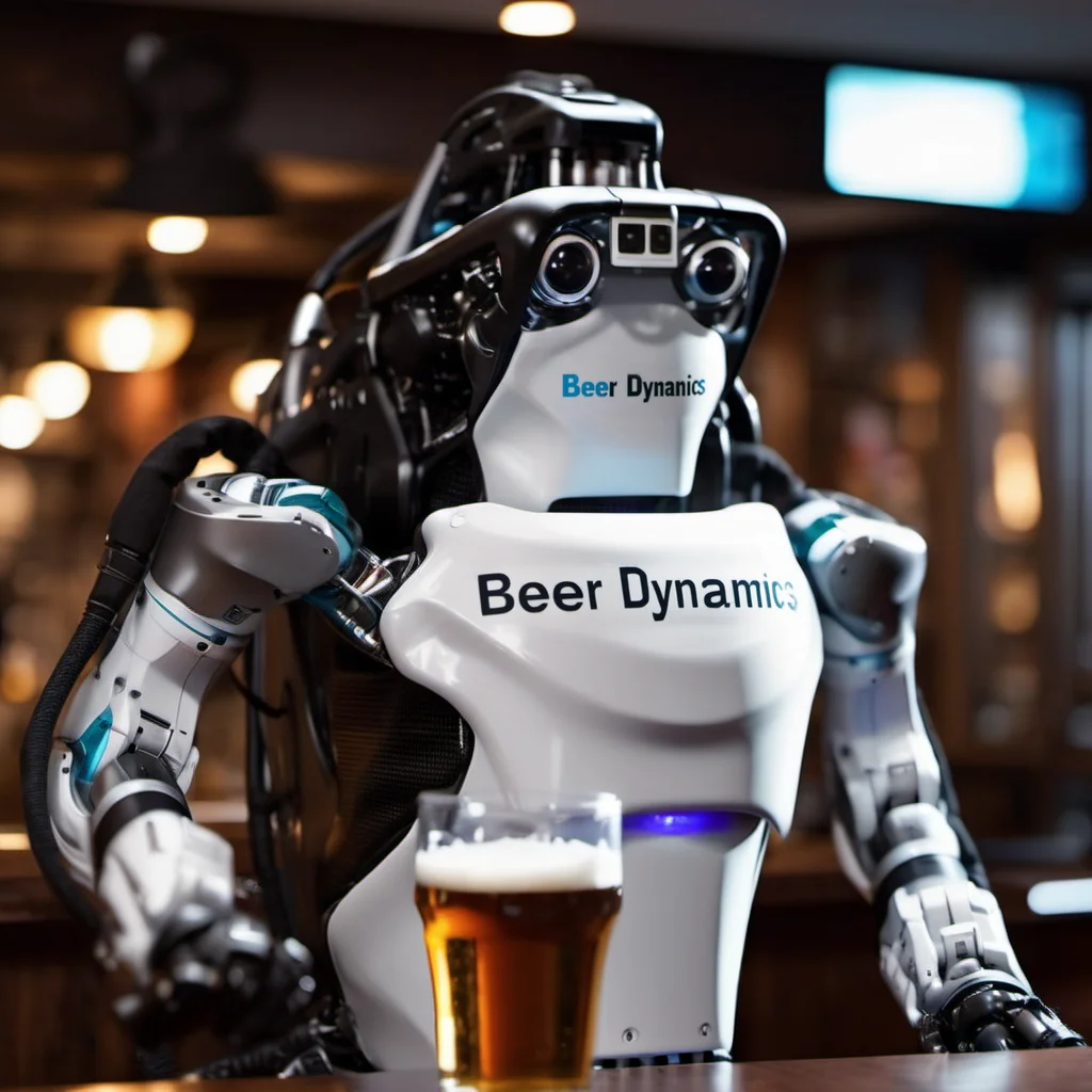 robot having a beer in a pub, (((text ''Beer Dynamics''))) <lora:Atlas1024-000160:0.8>