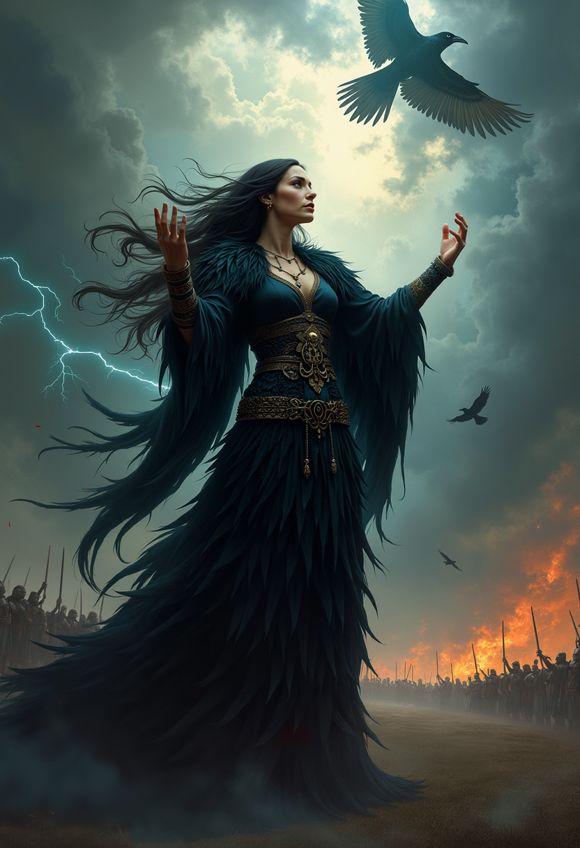 Renaissance style ethereal fantasy concept art of  in the style of "Boris Vallejo " depicting  A powerful depiction of Morrigan the Celtic goddess of war and fate, standing on a  battlefield, her dark hair flowing wildly in the wind. She is cloaked in a raven-feathered mantle, her eyes glowing with an intense, otherworldly light as she raises her arms, chanting an ancient prophecy. The sky above is storm filled with dark swirling clouds and lightning flashes, while crows circle ominously overhead. The atmosphere is dark and foreboding with a sense of impending doom, captured in a style that blends realism with mystical elements, emphasizing the goddessâs fierce and enigmatic power.
highly detailed back of two armies facing each other on a green irish battlefield 
<lora:ImageUpgraderV2:0.4> detailmaximizer <lora:FluxMythP0rtr4itStyle:0.3> mythp0rt . 