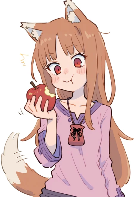 firedotinc,
holo, 1girl, upper body, animal ear fluff, animal ears, apple, blush, brown hair, collarbone, eyelashes, food, fruit, hand up, holding, holding food, holding fruit, jewelry, long hair, long sleeves, necklace, parted bangs, pink shirt, purple trim, red eyes, shirt, simple background, solo, tail, tail raised, white background, wolf ears, wolf girl, wolf tail, tail wiggle, biting, surprised, eating food,
, masterpiece, best quality, good quality, motion lines, chewing, closed mouth,
<lora:ai_styles_collection_noob_vpred-1.0-v6-edm2-pass:1>