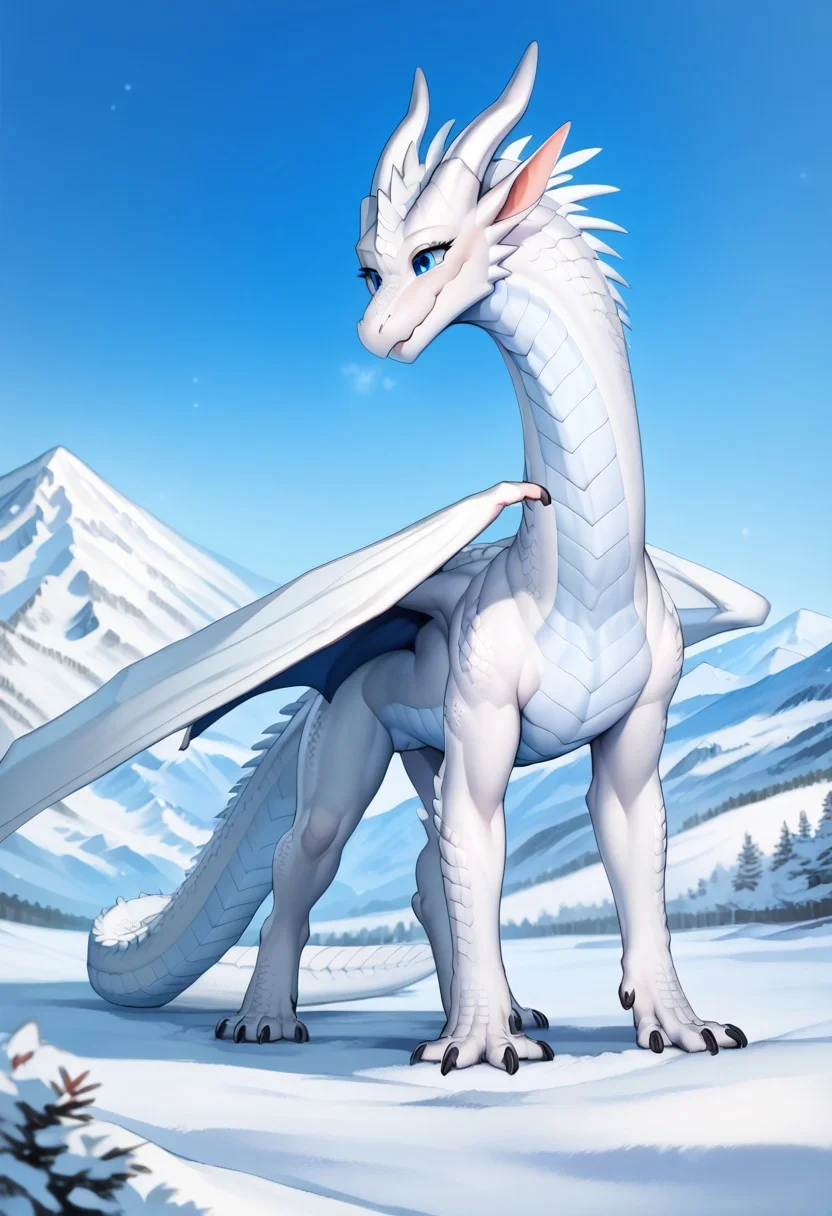 Score_9, score_8_up, score_7_up, score_6_up, score_5_ Feral dragon, female dragon, detailed scales, detailed belly scales white dragon, white scales, blue eyes (best possible eyes), female, tail, wings, white horns, black claws, spikes, naked, cute, cute face, athletic body, tall, digitigrade legs, svelte body, 4 fingers, quadruped, outdoors, snowy mountain, snow, cameltoe, puffy pussy, swolen pussy, cute, innocent, friendly, jovial, welcoming smile, beautiful landscape, very large dragon, playing in the snow, from behing, raised tail