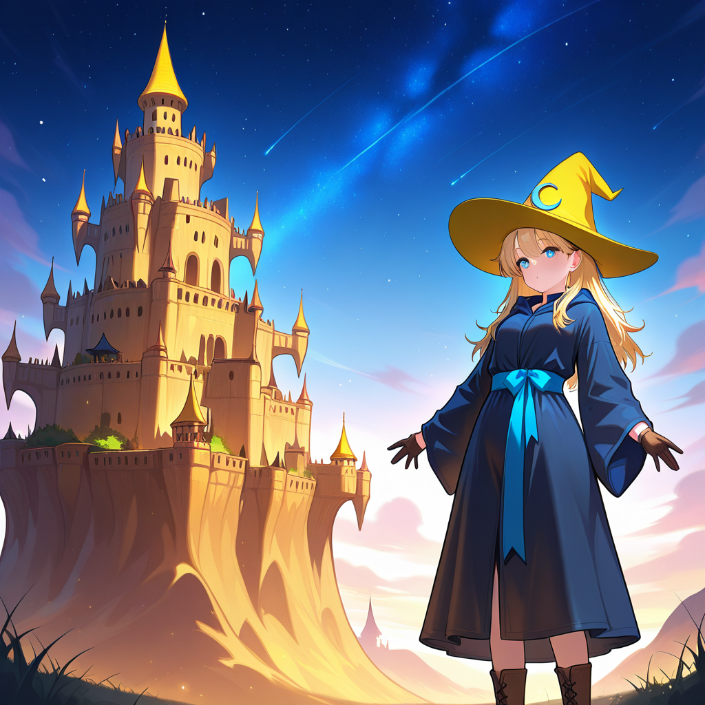 arms spread wide, floating castle, starry sky, mysterious presence,1girl, <lora:BlackMage_CostumeV2_Illustrious:1.0>,Blackmage_cos,black robe,witch hat,yellow_headwear,wide ,sleeves,gloves,hat ornament,blue_sash,boots,bow,, masterpiece, best quality, amazing quality, newest
