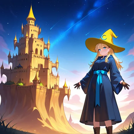 arms spread wide, floating castle, starry sky, mysterious presence,1girl, <lora:BlackMage_CostumeV2_Illustrious:1.0>,Blackmage_cos,black robe,witch hat,yellow_headwear,wide ,sleeves,gloves,hat ornament,blue_sash,boots,bow,, masterpiece, best quality, amazing quality, newest