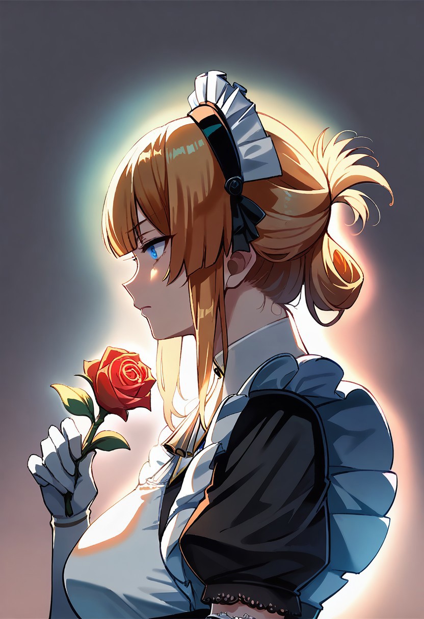 score_9, score_8_up, score_7_up, score_6_up, zPDXL3, source_anime, mature, Risa, sniffing, holding a glowing red rose, upper_body, thinking, Noir maid outfit, maid headdress, elbow gloves, colorful, dark background, fading border, side lighting,