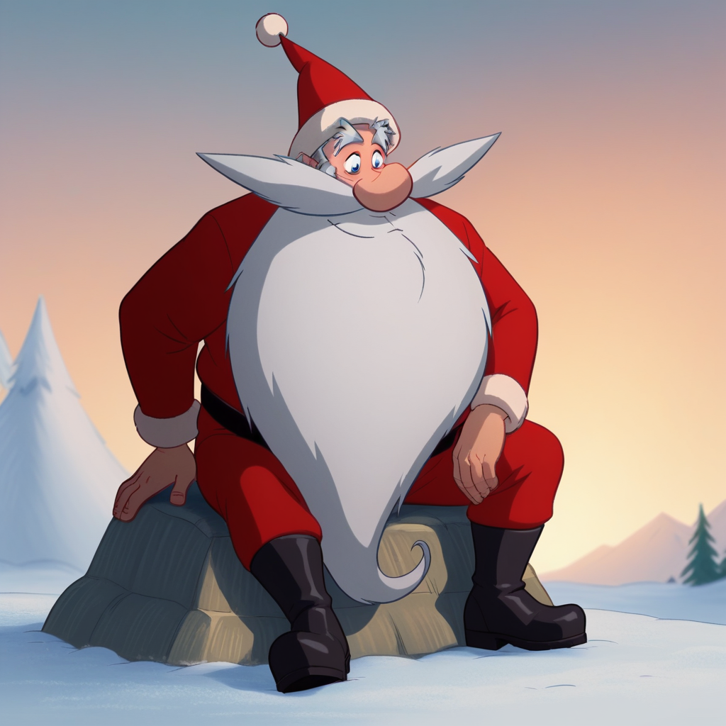 Ugly score_9_up, score_8_up, score_7_up, BREAK, solo, 1boy, santa, white beard, thick mustache, blue eyes, fat man, santa hat, red costume, red pants, black boots, <lora:Santa_SantaApprentice_PXL_Leaf3:1>, light smile, closed mouth, snow, outdoors, sitting on rock,