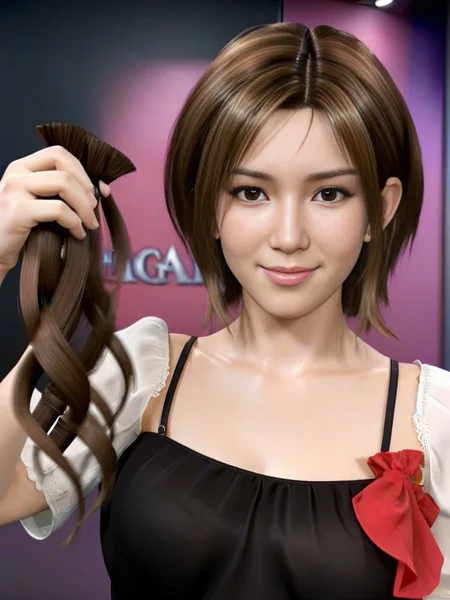 aerith final fantasy, with a short hair holding a huge amount of her (cut off hair:1.2) <lora:extreme_haircut_v2:1>