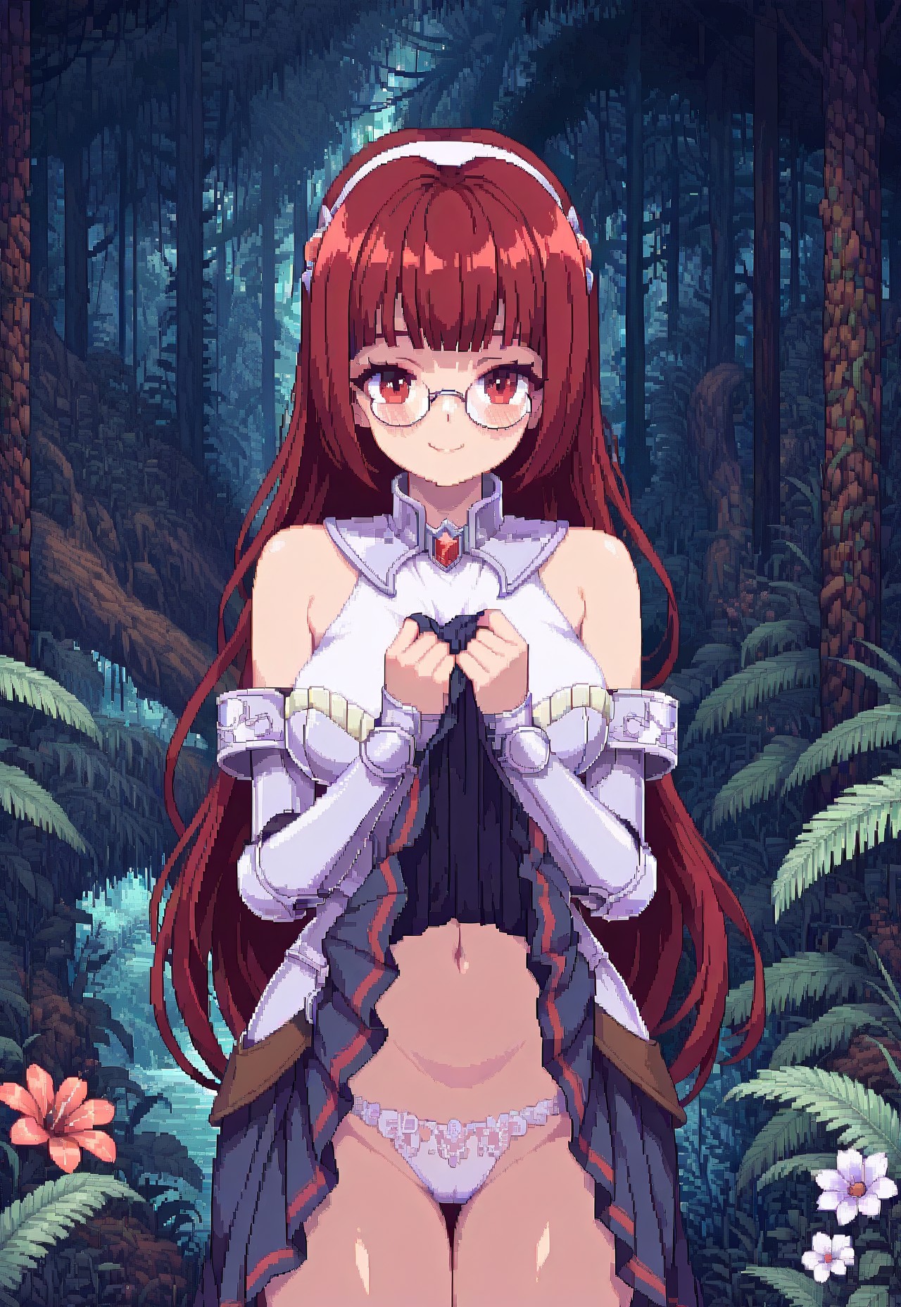 Lazypos, dpa,pixel art, outdoors, rainforest, trees and flowers, focus on upper body, 1girl, red hair, red eyes, long hair, blunt bangs, armor, glasses, blue plated skirt, ornated headband, skirt in hands, skirt lift, navel, hands hold, smile, blush, looking at viewer, white lace panties,