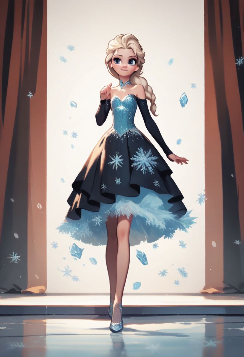 score_9, score_8_up, score_7_up, score_6_up, best quality, highres, source_anime, (cute doodle), solo, black backgruond, light, (elsa from frozen), young, black short, black dress, stage, fashion day, catwalk, walking, elegant, (ice dress)