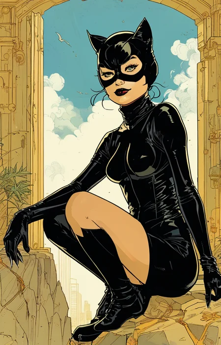 masterpiece,best quality,<lora:tbh177-sdxl:0.9>,illustration,Cliff Chiang,catwoman,