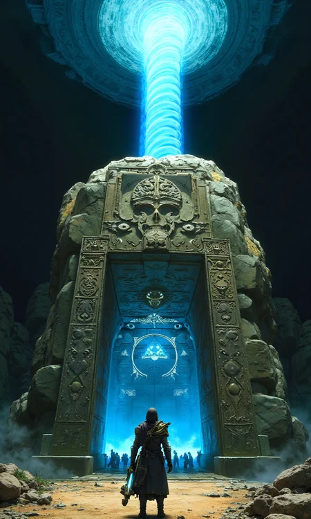 A huge rock, Keh Namut Shrine Cryonis Trial, is covered with mysterious symbols. A spiral of blue light rushes from the temple to the sky. A Zelda warrior stands at the entrance of the temple, holding a terminal in his hand, ready to enter the temple to complete his mission. The Legend of Zelda: Tears of the Kingdom, Tears of the Kingdom<lora:flux1-D\flux.1_lora_flyway_Epic-detail_v2.safetensors:0.6:1.0> <lora:flux1-D\flux_realism_lora.safetensors:0.45:1.0>