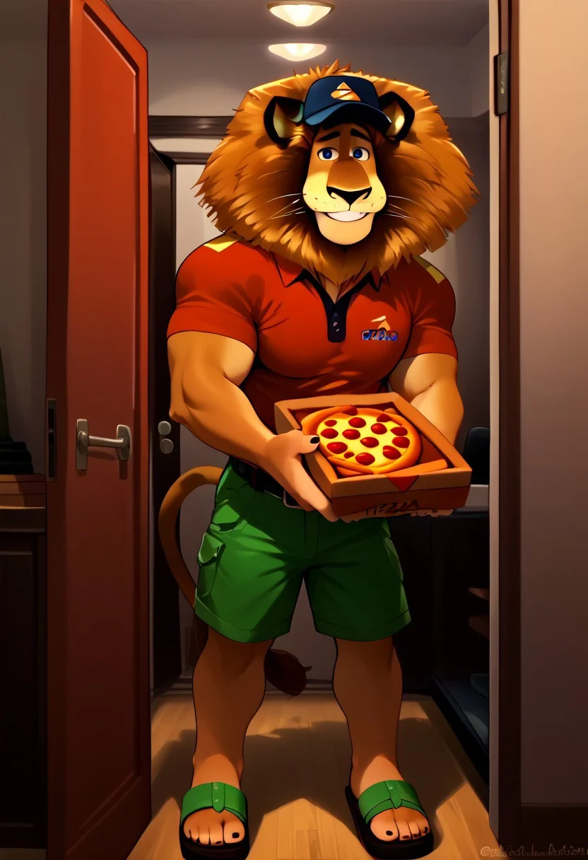 score_9, score_8_up, score_7_up, score_6_up, source_anime, 2d, AlexLion,Lion,whiskers,fluffy fur,silky mane,blue eyes,black claws,lion tail, , <lora:Clothing - Sexy Delivery Man - UPS:0.55>, pizza delivery, delivery boy, ups-outfit, short sleeves, green shorts, open clothes, hat, pizza box, employee uniform, pov, pizza delivery, holding box with pizza, belt, sandals, happy,, 1boy, BL comic style cute boy Yaoi, yaoi, delivery boy, yaoi,gay, huge muscle male,huge muscles, fluffy fur, indoor, open door, entrance hall, apartment, large pecs, cute smiling, innocent looking, kindest and gentlest boy, (((<lora:Clothing - Sexy Delivery Man - UPS:0.55>, ups-outfit, polo shirt, short sleeves, green shorts, clothes, hat, pizza delivery boy, holding box with pizza, belt, sandals))), happy, light indoor, ((<lora:Alex_the_Lion_Madagascar_-_Pony_XL:1>,, smirk, friendly sight, cute boy))