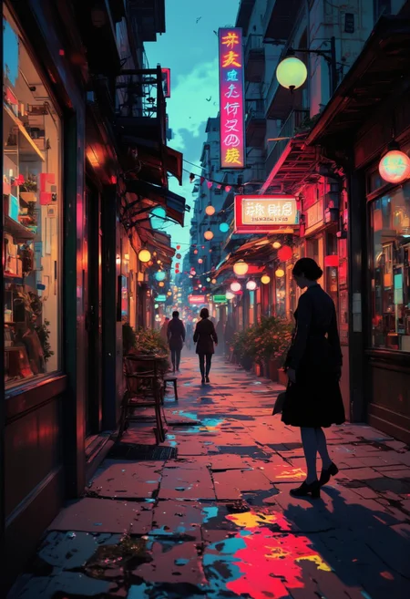 classic street photography scene, sharp contrasts of natural and artificial light, wet pavement reflecting urban neon signs, dynamic framing reminiscent of Henri Cartier-Bresson and Saul Leiter –style raw pscho_4rt, surreal, abstract, glitch, aidmafluxpro1.1, Anime art