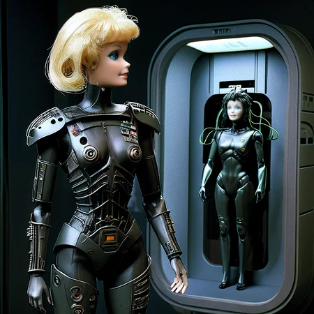 (full body shot), <lora:Barbie_Doll_SDXL:1> Barbie as Borg Queen, Borg ship, Star Trek TNG, TV still, masterpiece, best quality, dark <lora:StarTrekTNG-v7:1>
