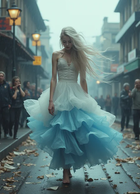 Ethereal woman with porcelain skin and delicate features, wearing a flowing white and blue gown with layers of sheer fabric billowing behind her like clouds, her ultralong silver-blonde hair whipping wildly around her face, walks purposefully through a torrential storm on a desolate urban street. Newspapers, papers, flowers and debris swirl around her, as if drawn to her presence, while shocked bystanders cling to lampposts and building facades, their faces contorted in a mix of awe and terror. The woman's presence seems to be the epicenter of the tempest, her movements commanding the wind and rain. The atmosphere is alive with electricity, her beauty and power mesmerizing all who behold her, reminiscent of the dynamic, expressive artworks of Ash Thorp, Simon Stalenhag, and Ruan Jia