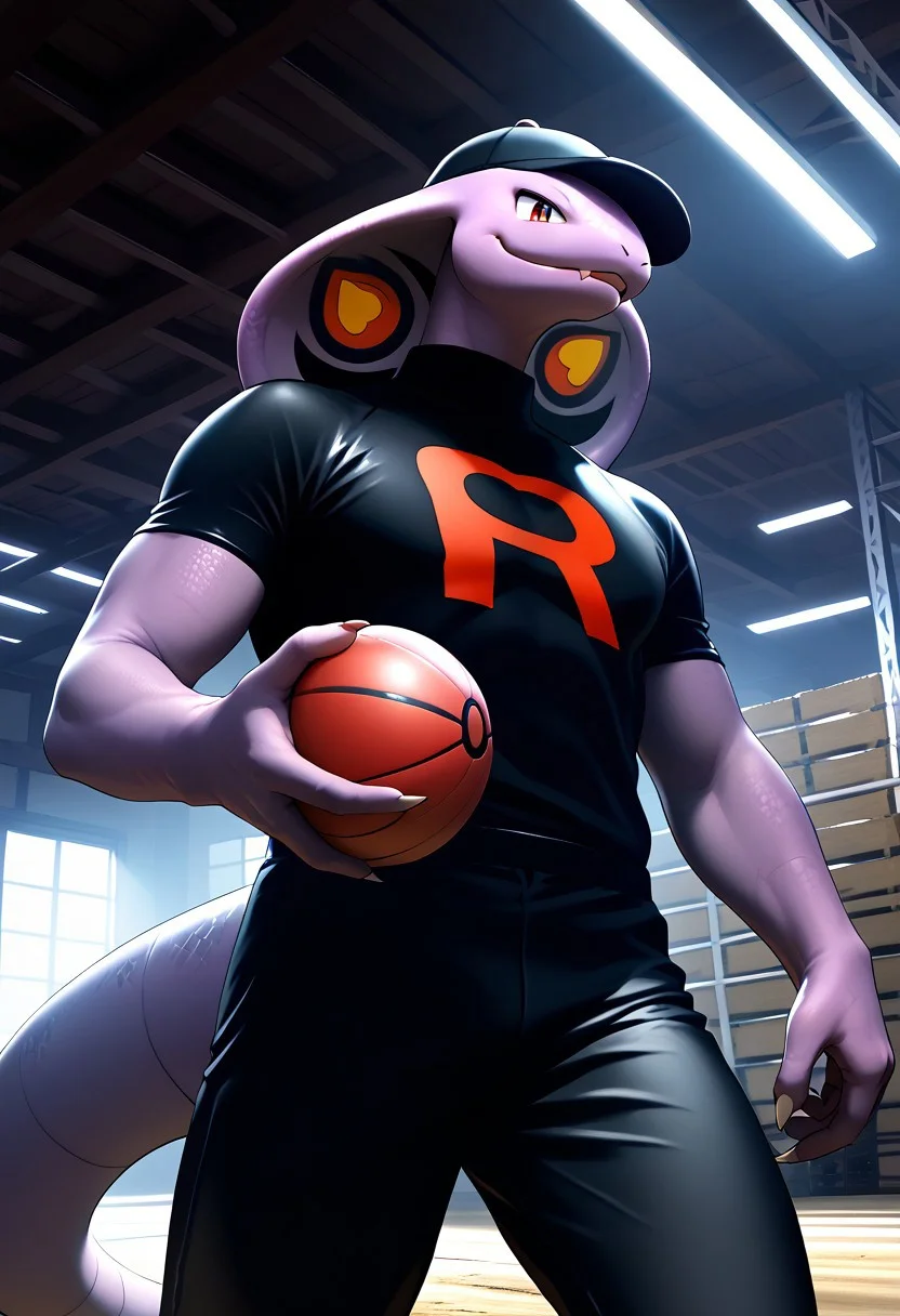 score_9, score_8_up, score_7_up, score_6_up, score_5_up, (dutch angle), (solo, male_focus), (arbok, snake, pokemon, anthro, wearing team rocket uniform, black pants, black cap with red R), (holding a masterball, dynamic pose), (warehouse, indoor), (extremely detailed background, detailed landscape), (extremely detailed, masterpiece, high quality)