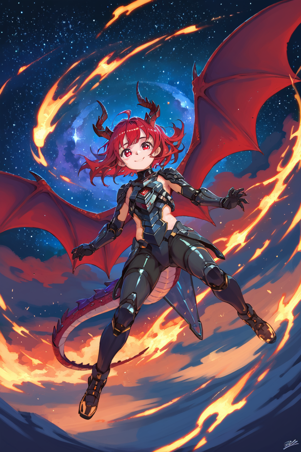 PDXL, source_anime,  <lora:SaishoV1:1>, s4ish0, 
1girl, cute face, detailed eyes, long red hair, red eyes, dragon horns, dragon wings, flying through the sky, night sky, stars, galaxies, 
volumetric reflections, volumetric shadows, HDR, shot on Canon DSLR