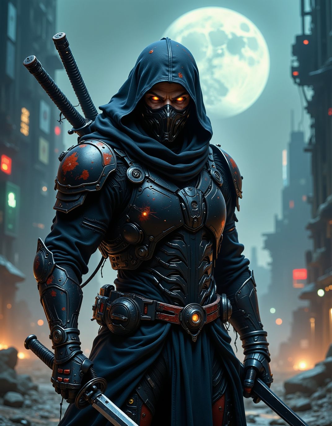 realistic action scene of a humanoid ninja with battle scars, wearing tech armor, fierce look, katanas with blood on it, <lora:ck-FantasticalCreatures:0.8>,  <lora:artilands:0.6>, in an scifi urban warzone, moon in background