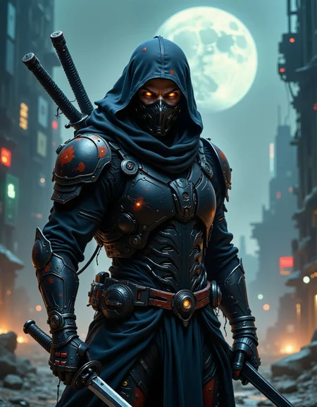 realistic action scene of a humanoid ninja with battle scars, wearing tech armor, fierce look, katanas with blood on it, <lora:ck-FantasticalCreatures:0.8>, <lora:artilands:0.6>, in an scifi urban warzone, moon in background