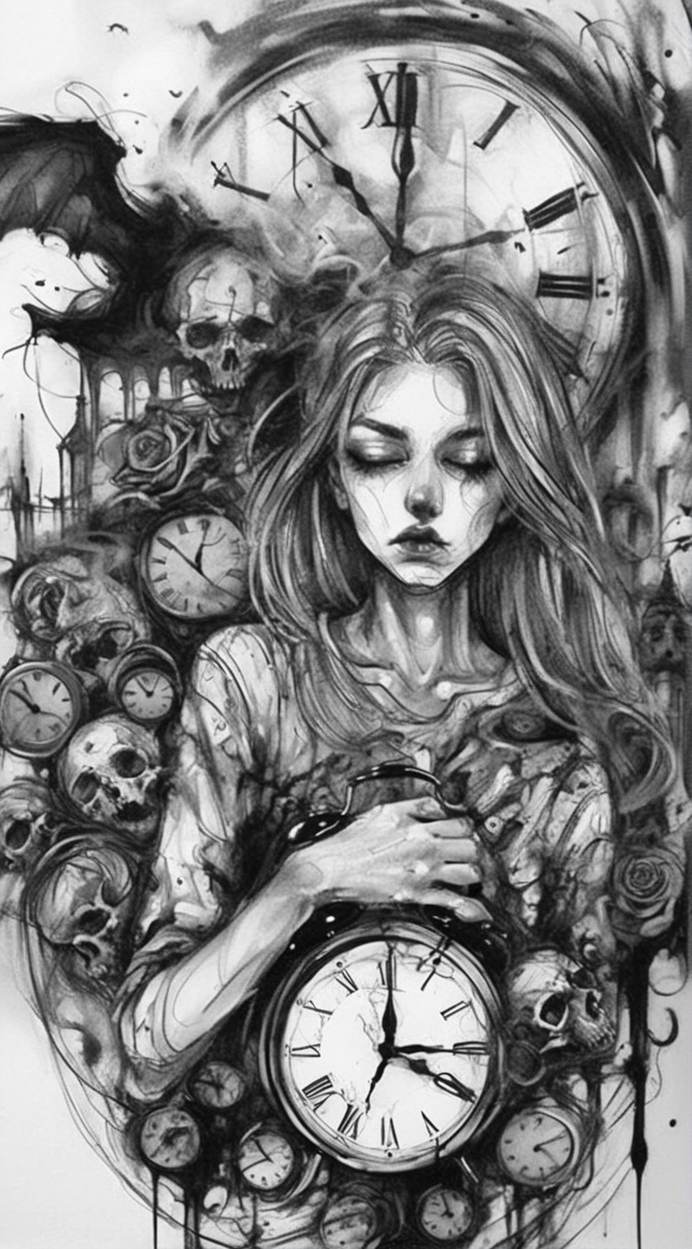 visiblend girl death, destroyed clocks and demons in the background, black ink<lora:visiblend:0.8>