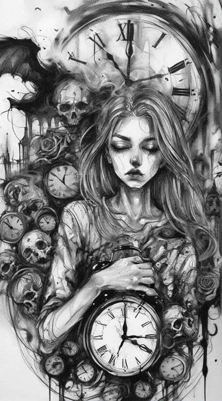 visiblend girl death, destroyed clocks and demons in the background, black ink<lora:visiblend:0.8>