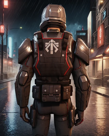 score_9, score_8_up, score_7_up, rating_questionable, intricately detailed,
1boy(
<lora:Advent_Trooper_XCOM_2:0.8>,
adv_trooper_arm0r, adv_trooper_he1met, cowboy shot, solo, back view),
rain, wet street, wet, science fiction city, futuristic buildings, high rises, on a road, at night, darkness, rainfall, dark theme,
depth of field, detailed background,
<lora:ral-chrosc-clr:0.5>, ral-chrosc-clr,
<lora:Expressive_H:0.5>, expessiveH,
<lora:xl_more_art-full_v1:0.3>,
<lora:add-detail-xl:0.3>
