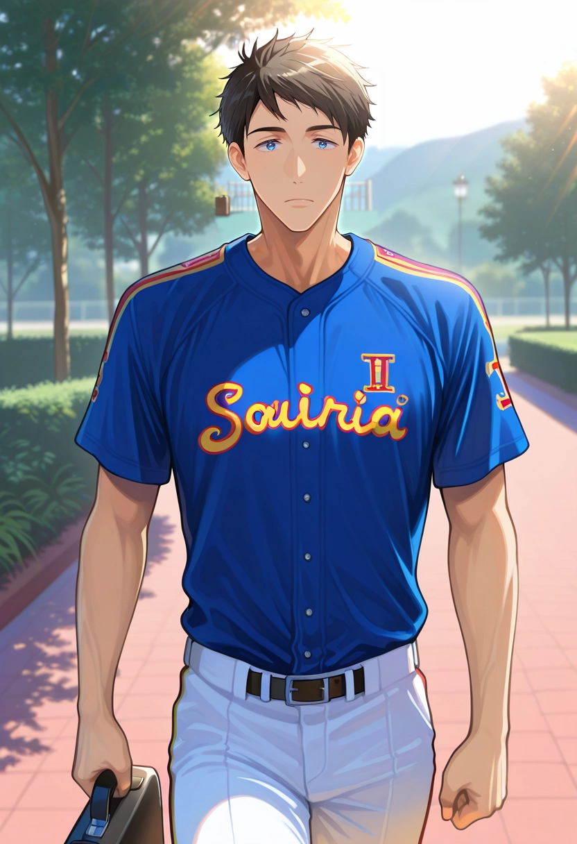 masterpiece, best quality, , semi-realistic, looking at viewer, 1boy, solo, male focus, <lora:sousuke_yamazaki_ilxl:0.98>, sousuke_yamazaki, black hair, blue eyes, short hair, Alhambra, Spain, intricate mosaics, lush gardens, walking pose, amazed expression, warm sunlight, Cropped chinos, Animal print Baseball jersey, , , Briefcase and
