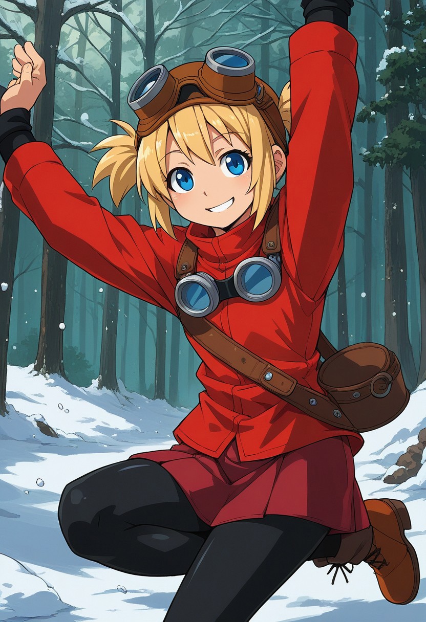 score_9, score_7_up, source_anime, BREAK solo, Pratty, blue eyes, short hair, light blonde, short twintails, hair through headwear, goggles, brown headwear, red shirt, short over long sleeves, black long sleeves, red skirt, black pantyhose, leather breastplate, brown footwear, smile, cold forest, taiga, snow, stretching, flashing smile,