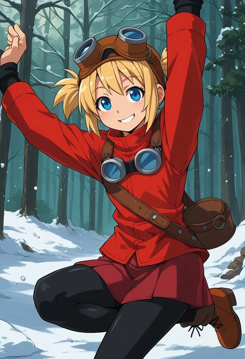 score_9, score_7_up, source_anime, BREAK solo, Pratty, blue eyes, short hair, light blonde, short twintails, hair through headwear, goggles, brown headwear, red shirt, short over long sleeves, black long sleeves, red skirt, black pantyhose, leather breastplate, brown footwear, smile, cold forest, taiga, snow, stretching, flashing smile,