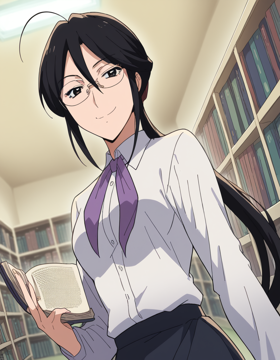 score_9, score_8_up, score_7_up, source_anime, <lora:sae-shirai-s1-ponyxl-lora-nochekaiser:1>, sae shirai, long hair, black hair, ponytail, ahoge, glasses, black eyes, hair between eyes, sidelocks, medium breasts,, shirt, long sleeves, neckerchief, collared shirt, skirt, long skirt, library, reading books, glasses, quiet, focused, shelves of books, smile, <lora:seductive-smile-ponyxl-lora-nochekaiser:1>, seductive smile, come hither, naughty face,, looking at viewer, solo,, dutch angle, cowboy shot