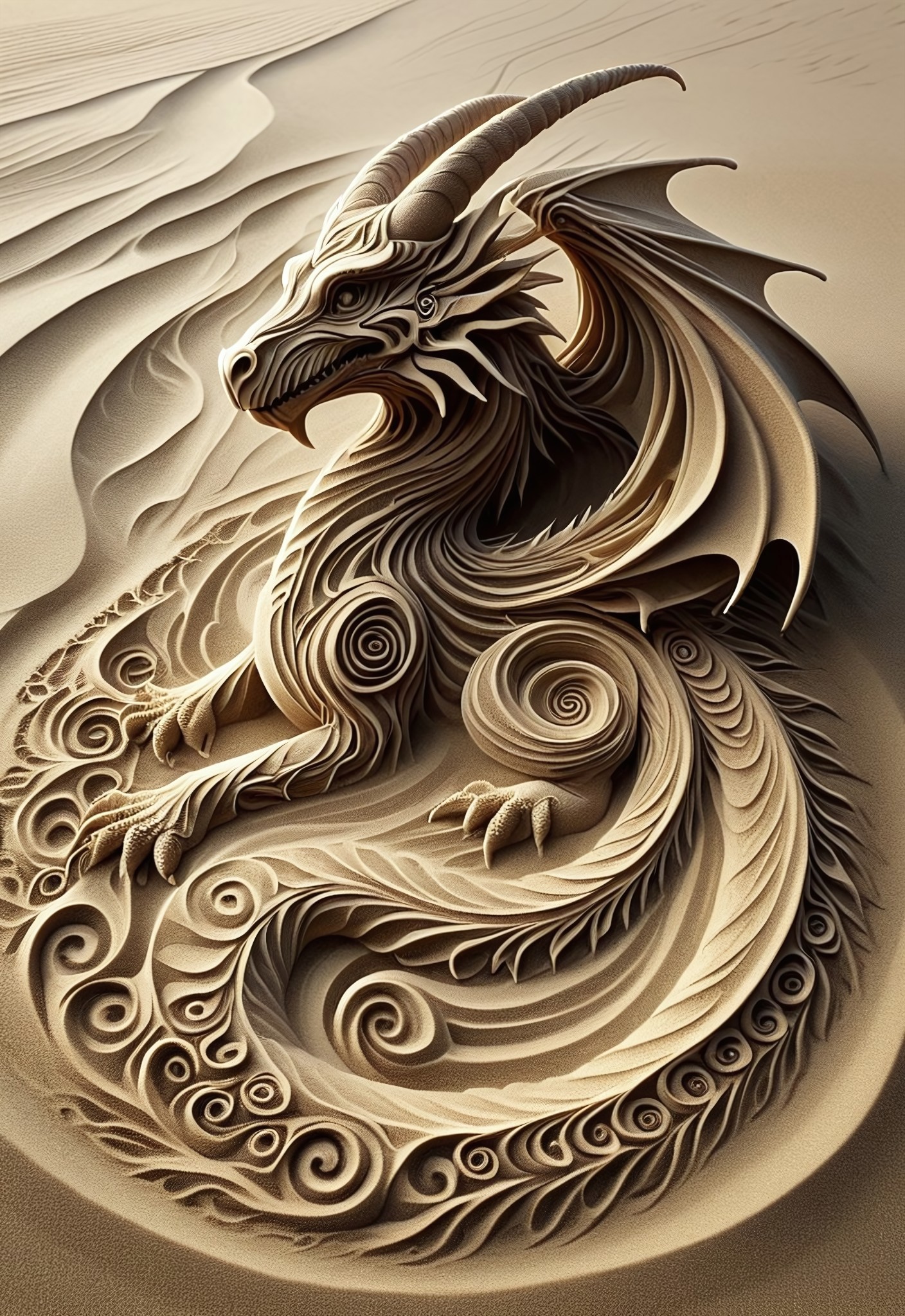 Highly detailed sand drawing of a dragon. The dragon's body curves in an S-shape, with scales made of tiny spiral patterns. Outstretched wings feature intricate swirling designs. Spiral horns adorn its head, with eyes formed by small sand vortexes. The tail ends in a large spiral. Concentric circles and spirals surround the dragon, creating an illusion of energy and movement. Fine, precise lines showcase masterful sand art technique, sandswirl, swirling sand, aidmaMJ6.1