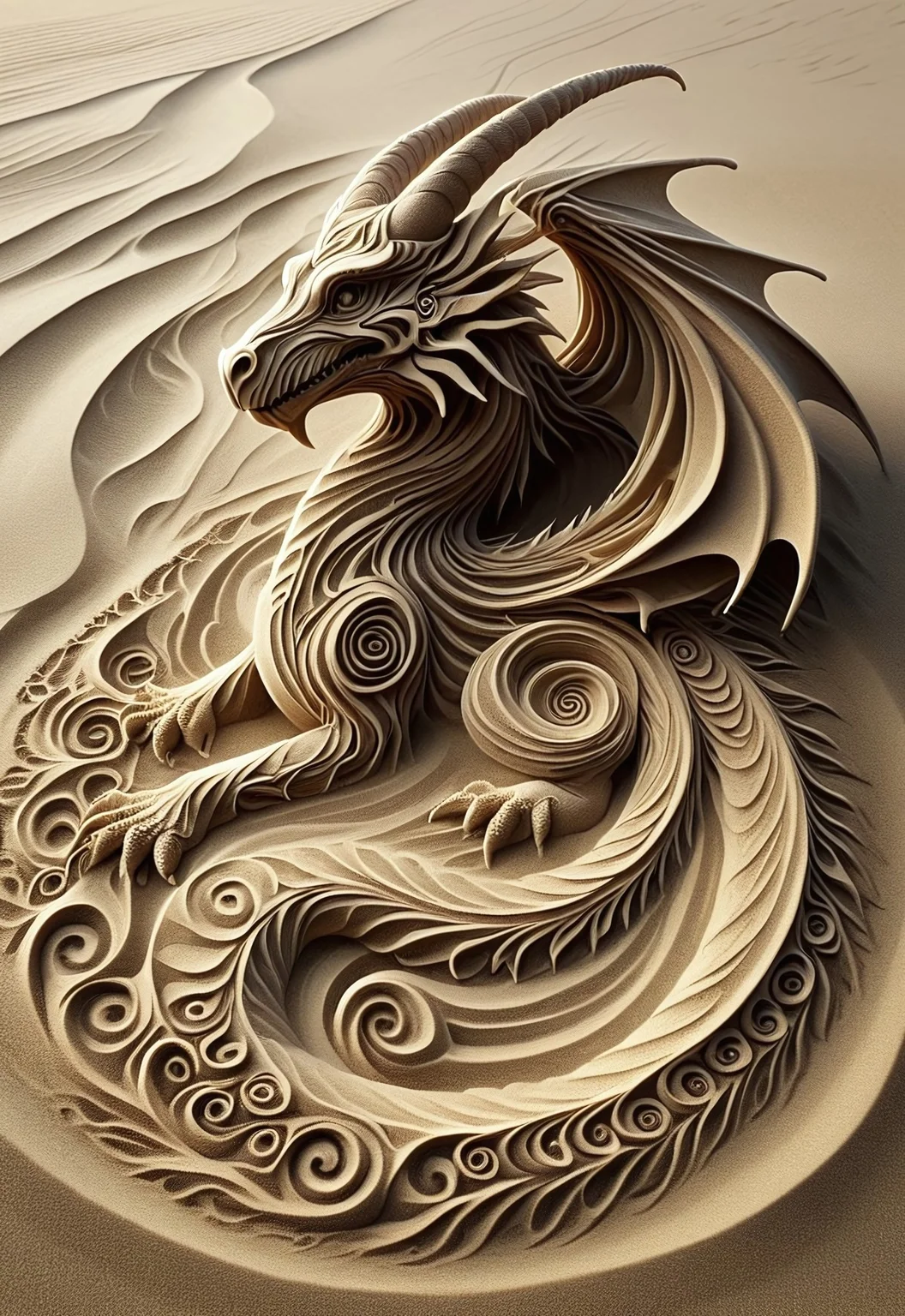 Highly detailed sand drawing of a dragon. The dragon's body curves in an S-shape, with scales made of tiny spiral patterns. Outstretched wings feature intricate swirling designs. Spiral horns adorn its head, with eyes formed by small sand vortexes. The tail ends in a large spiral. Concentric circles and spirals surround the dragon, creating an illusion of energy and movement. Fine, precise lines showcase masterful sand art technique, sandswirl, swirling sand, aidmaMJ6.1